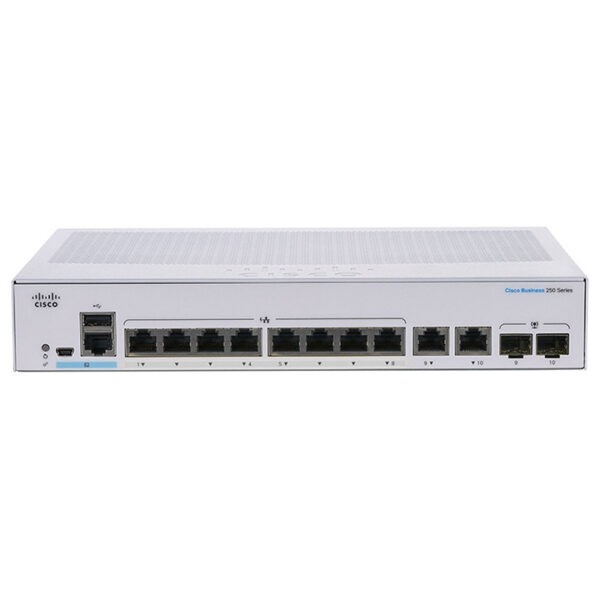 Switch Cisco CBS250-8T-E-2G-EU là thiết bị chuyển mạch thông minh Smart Managed cao cấp sở hữu 8 cổng Gigabit Ethernet (thuần Data) và 2 cổng Uplink Combo